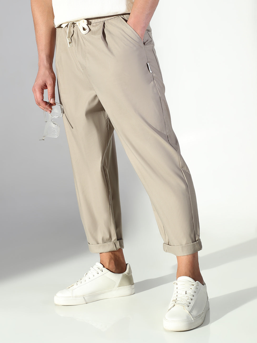 Men Beige Solid Korean Trousers