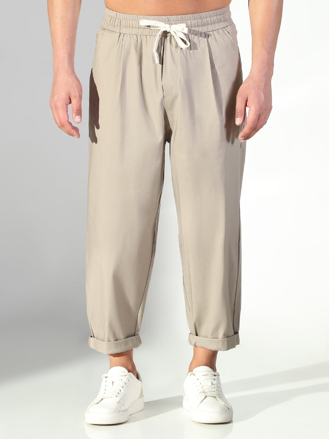 Men Beige Solid Korean Trousers