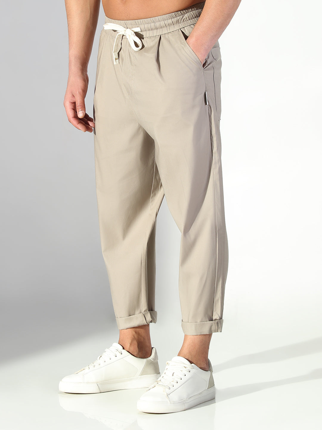 Men Beige Solid Korean Trousers