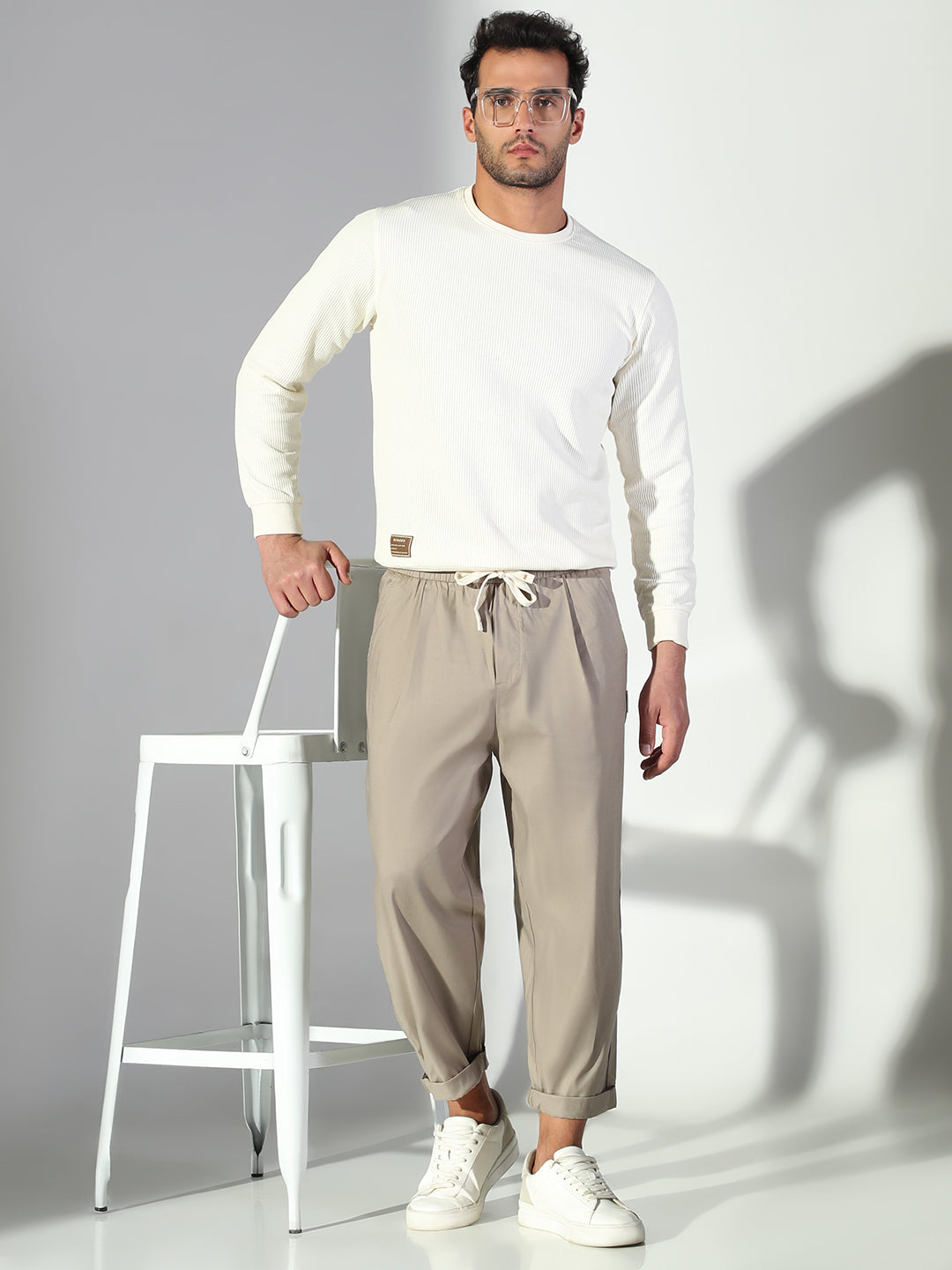 Men Beige Solid Korean Trousers