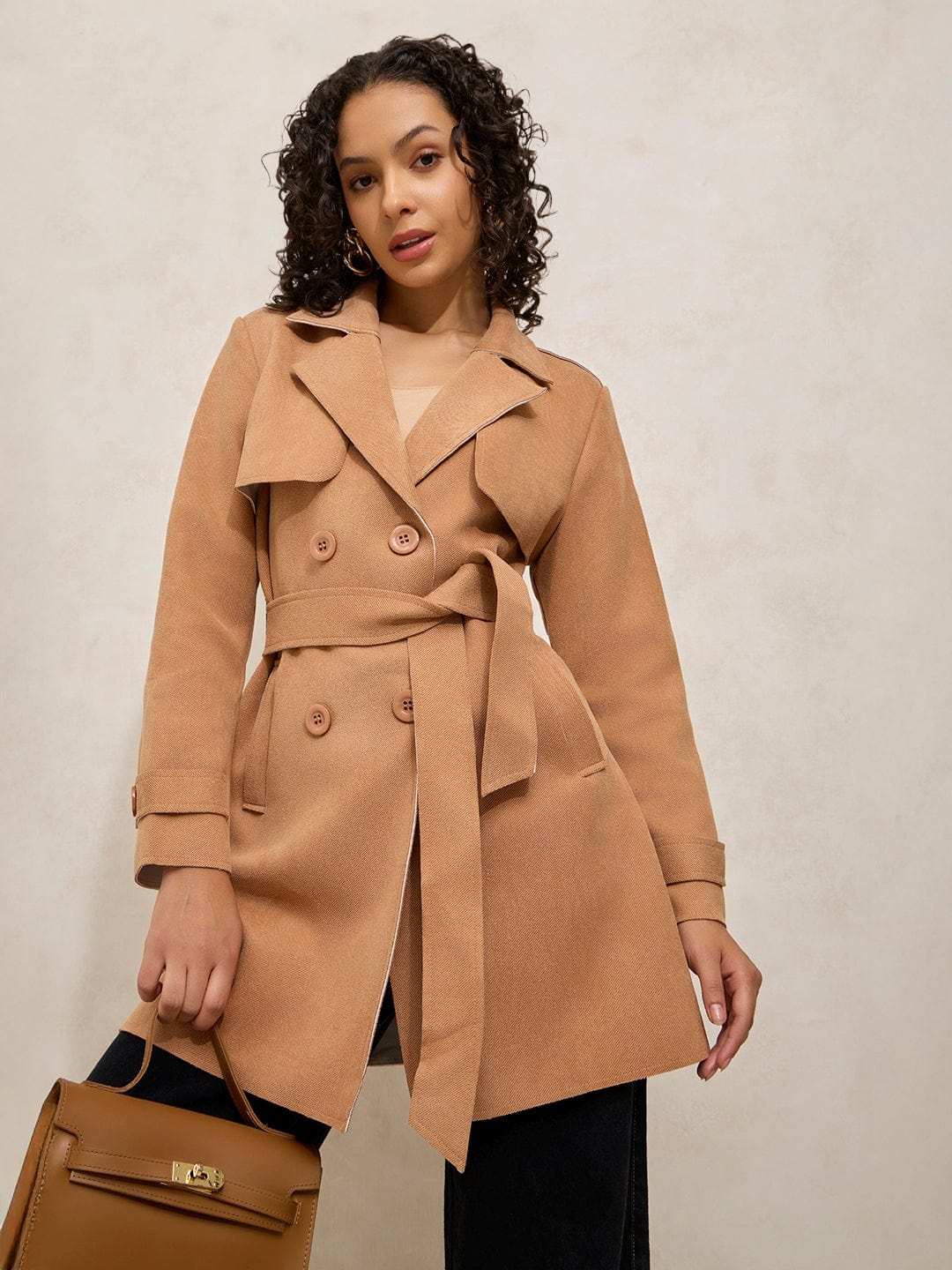 Women's Beige Trench Coat with Shoulder Flaps