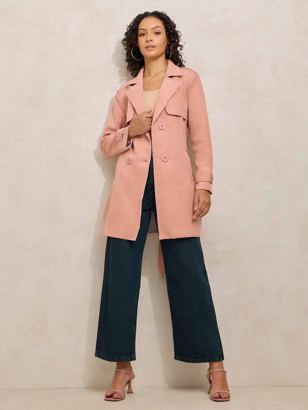 Buy Women's Peach Trench Coat with Shoulder Flaps Online | Showoffff