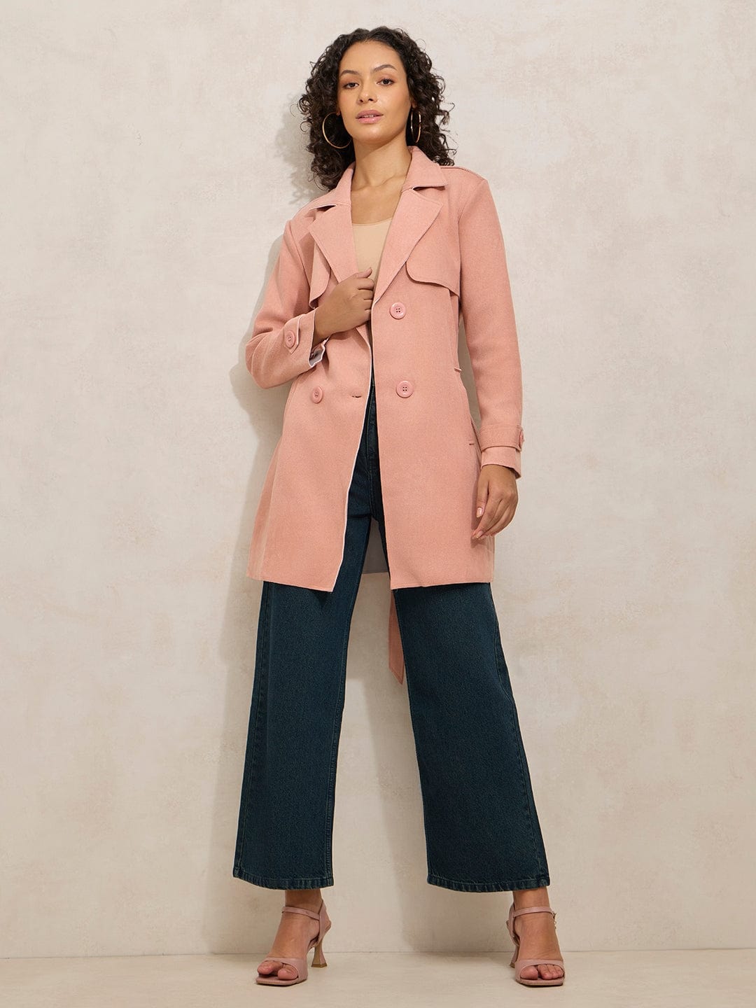 Women's Peach Trench Coat with Shoulder Flaps