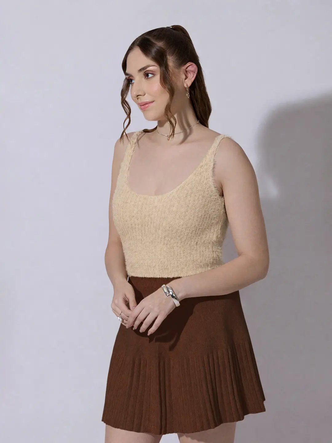 Women's Knitted Beige Fuzzy Sleeveless Crop Top - from SHOWOFFFF