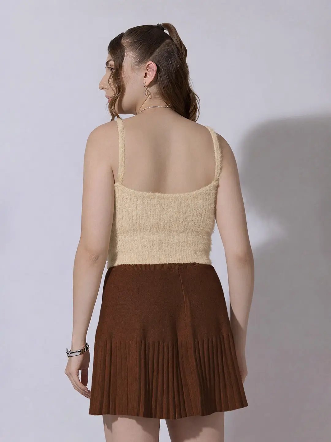 Women's Knitted Beige Fuzzy Sleeveless Crop Top - from SHOWOFFFF