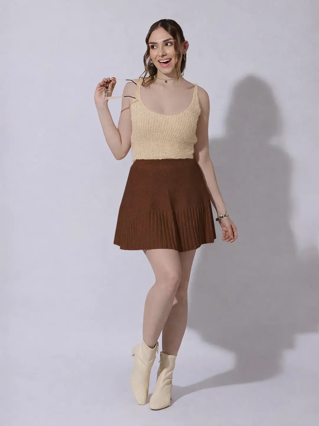 Women's Knitted Beige Fuzzy Sleeveless Crop Top - from SHOWOFFFF