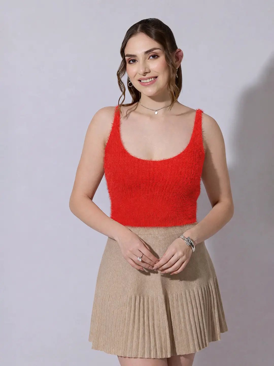 Women's Knitted Red Fuzzy Sleeveless Crop Top - Uncategorized from SHOWOFFFF