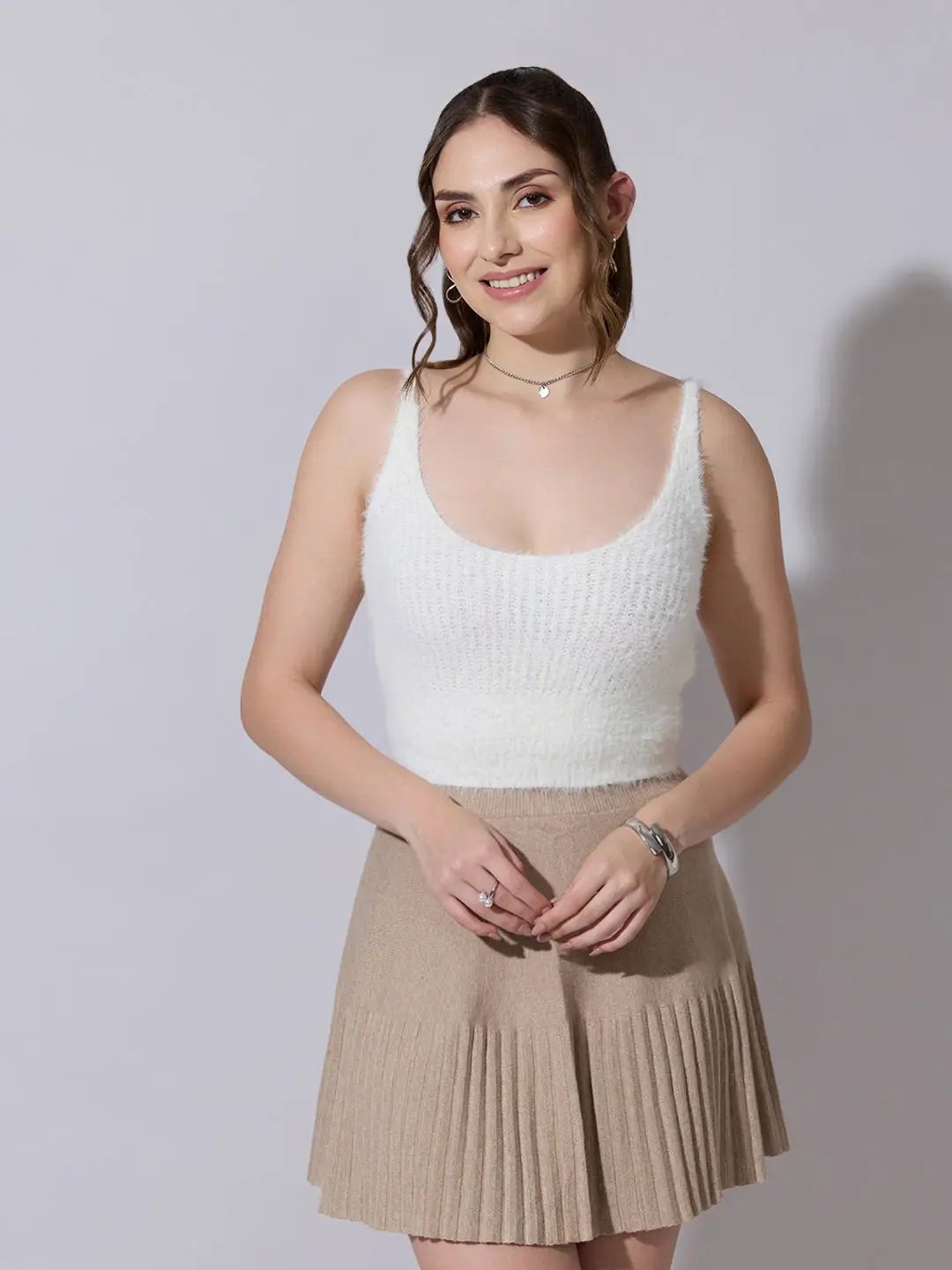 Women's Knitted White Fuzzy Sleeveless Crop Top - from SHOWOFFFF