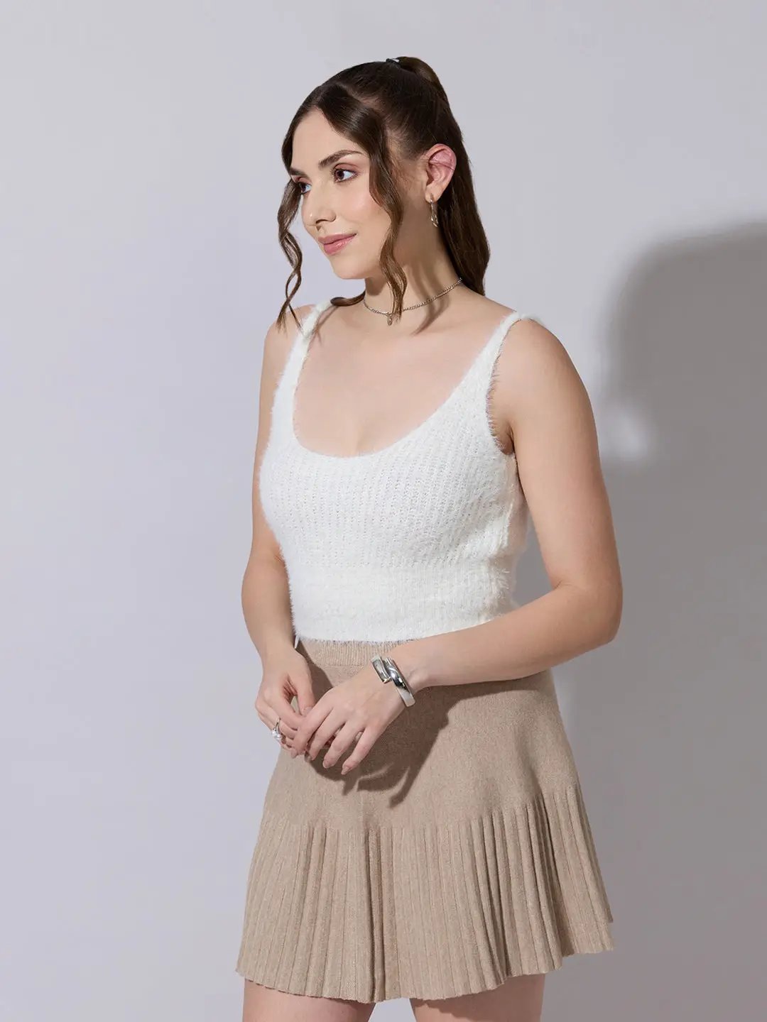 Women's Knitted White Fuzzy Sleeveless Crop Top - from SHOWOFFFF