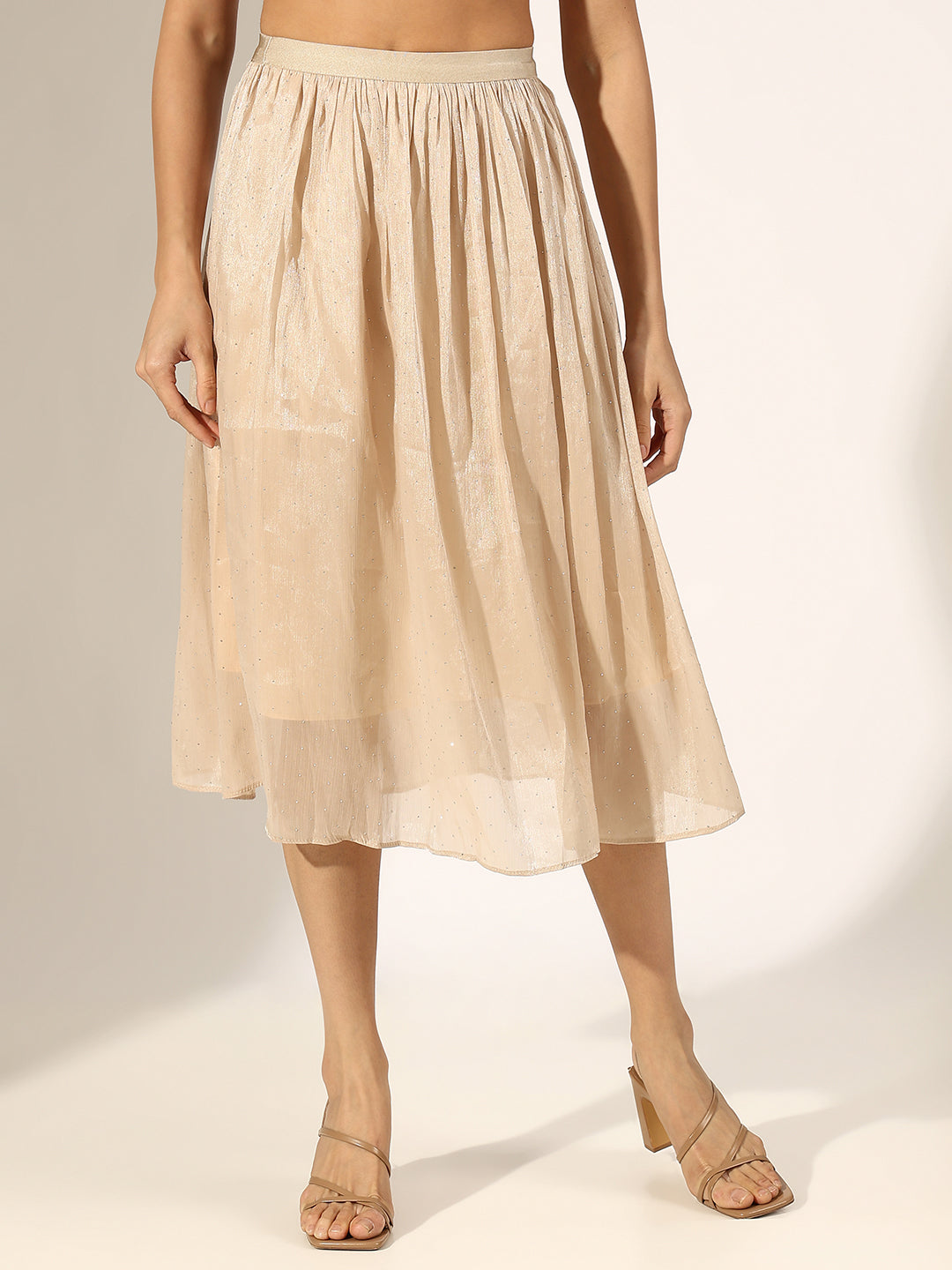 Women's Embellished Beige Flared Midi Skirt