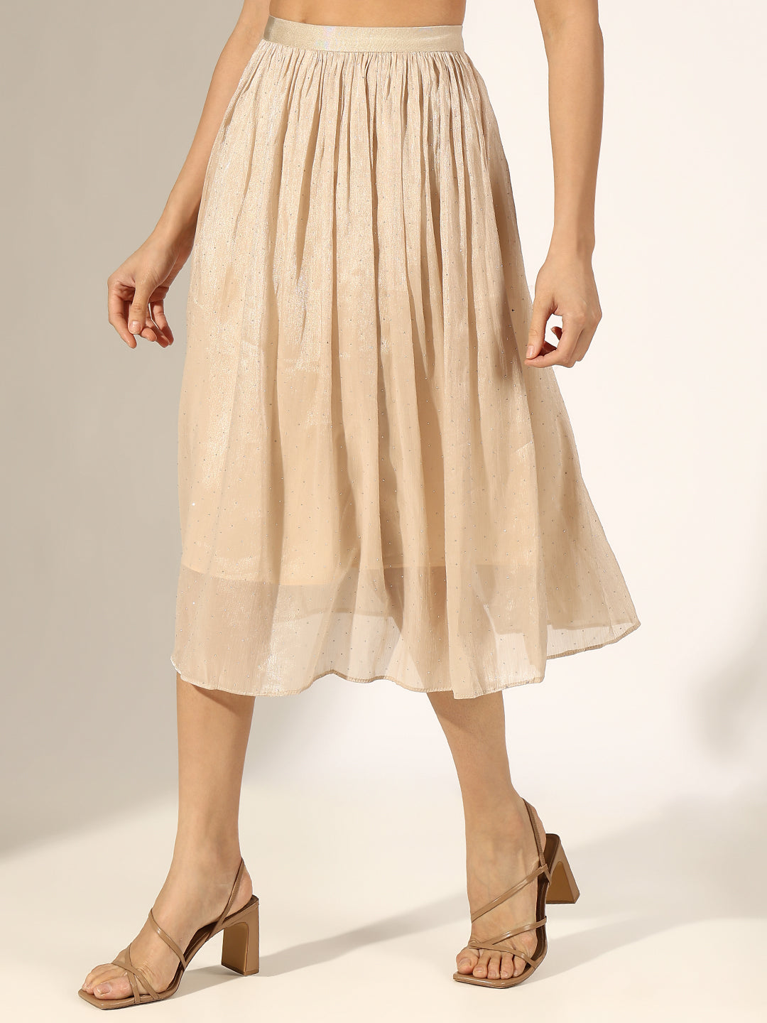 Women's Embellished Beige Flared Midi Skirt