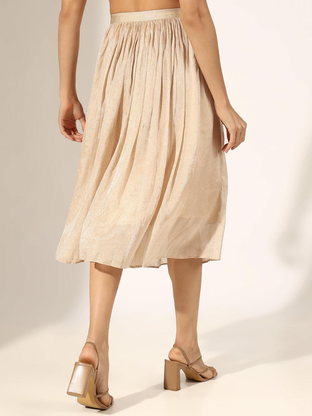 Women's Embellished Beige Flared Midi Skirt
