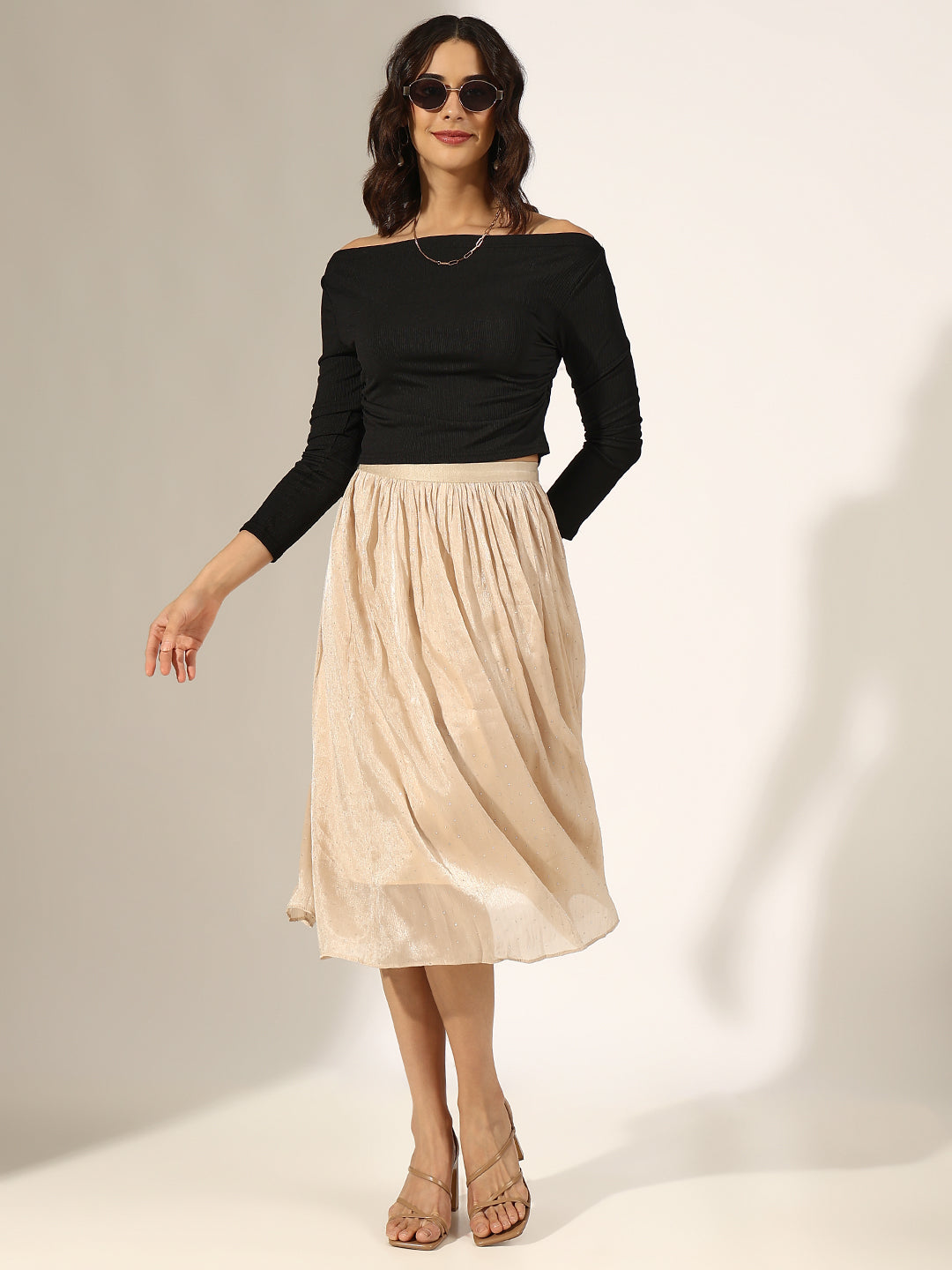 Women's Embellished Beige Flared Midi Skirt
