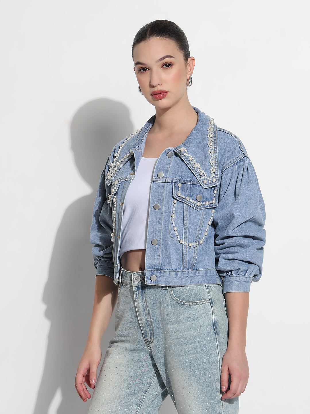 Women's Embellished Blue Spread Collar Relaxed Fit Crop Denim Jacket