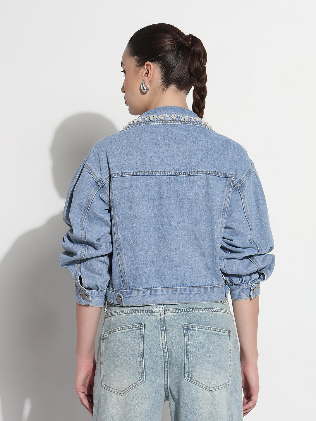 Women's Embellished Blue Spread Collar Relaxed Fit Crop Denim Jacket
