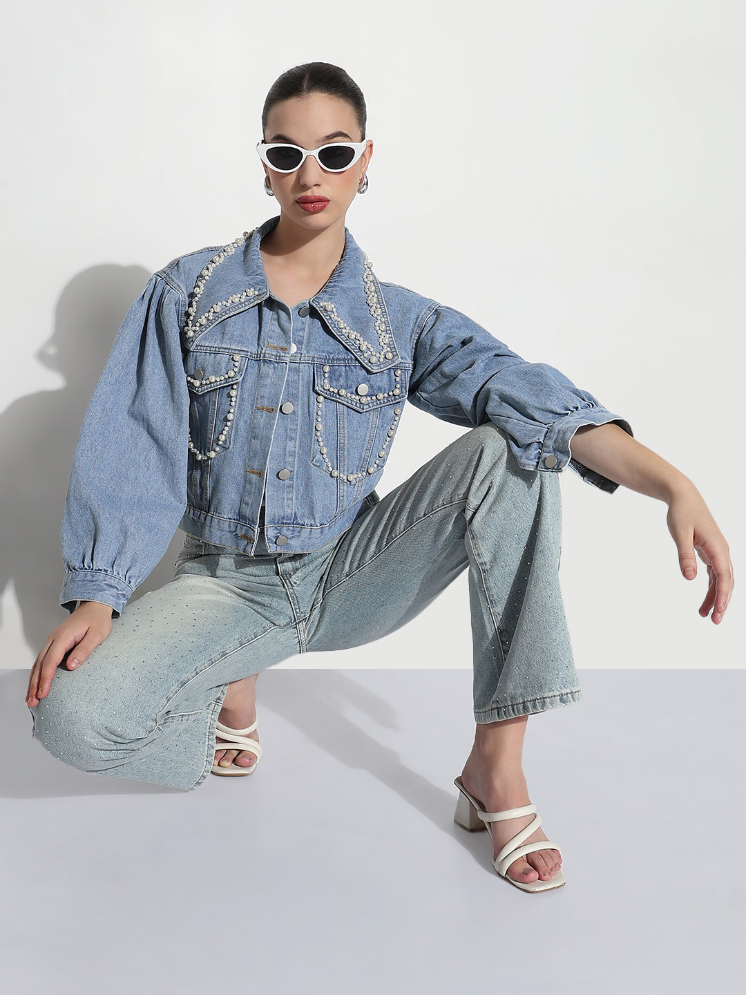 Women's Embellished Blue Spread Collar Relaxed Fit Crop Denim Jacket