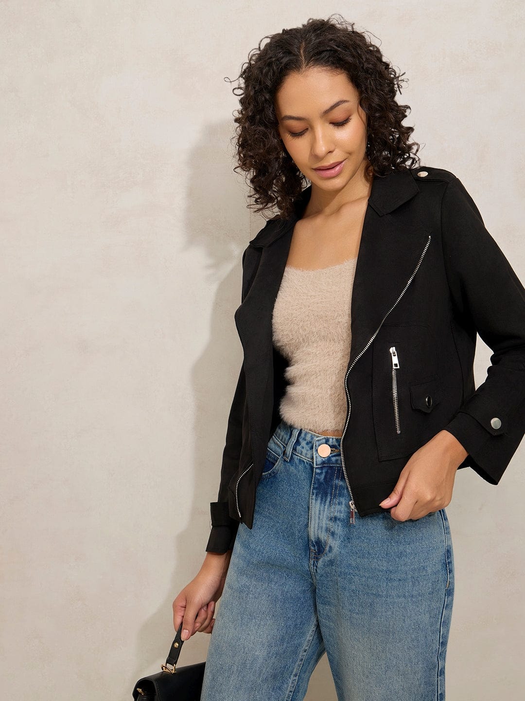 Women's Black Asymmetric Zipper Short Jacket