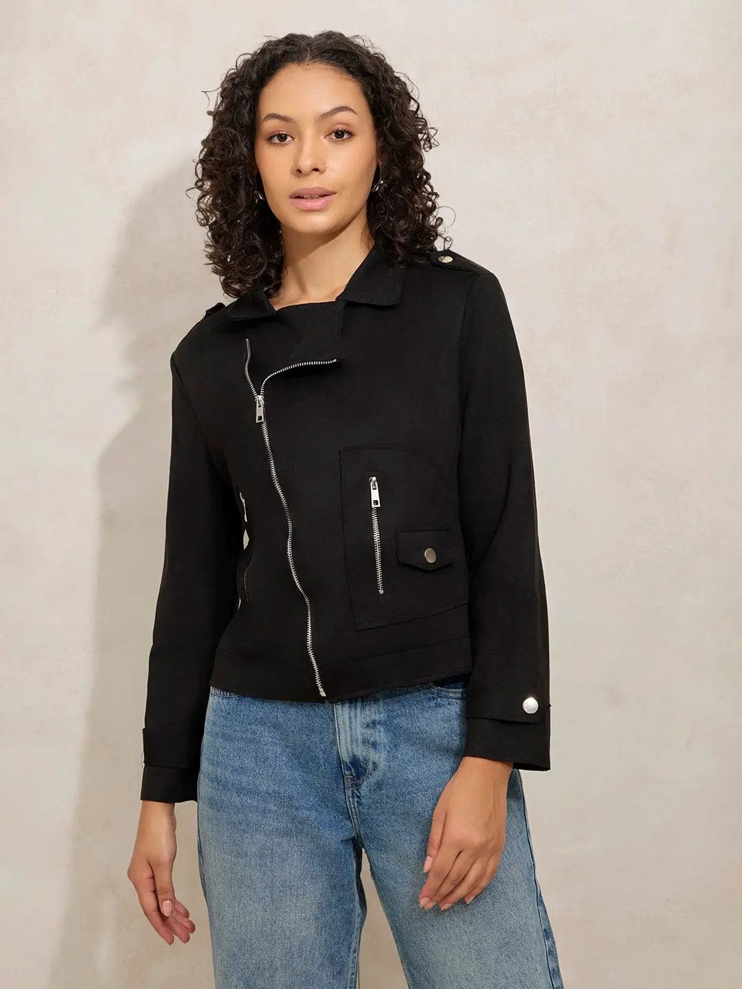 Buy Women's Black Asymmetric Zipper Short Jacket Online | Showoffff