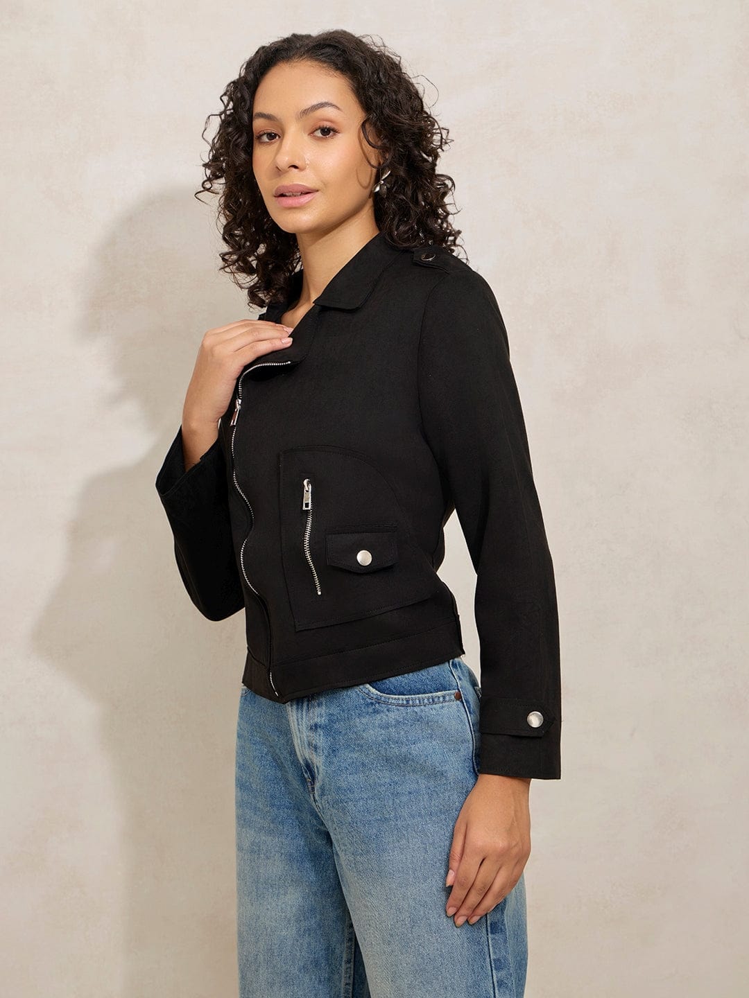 Women's Black Asymmetric Zipper Short Jacket