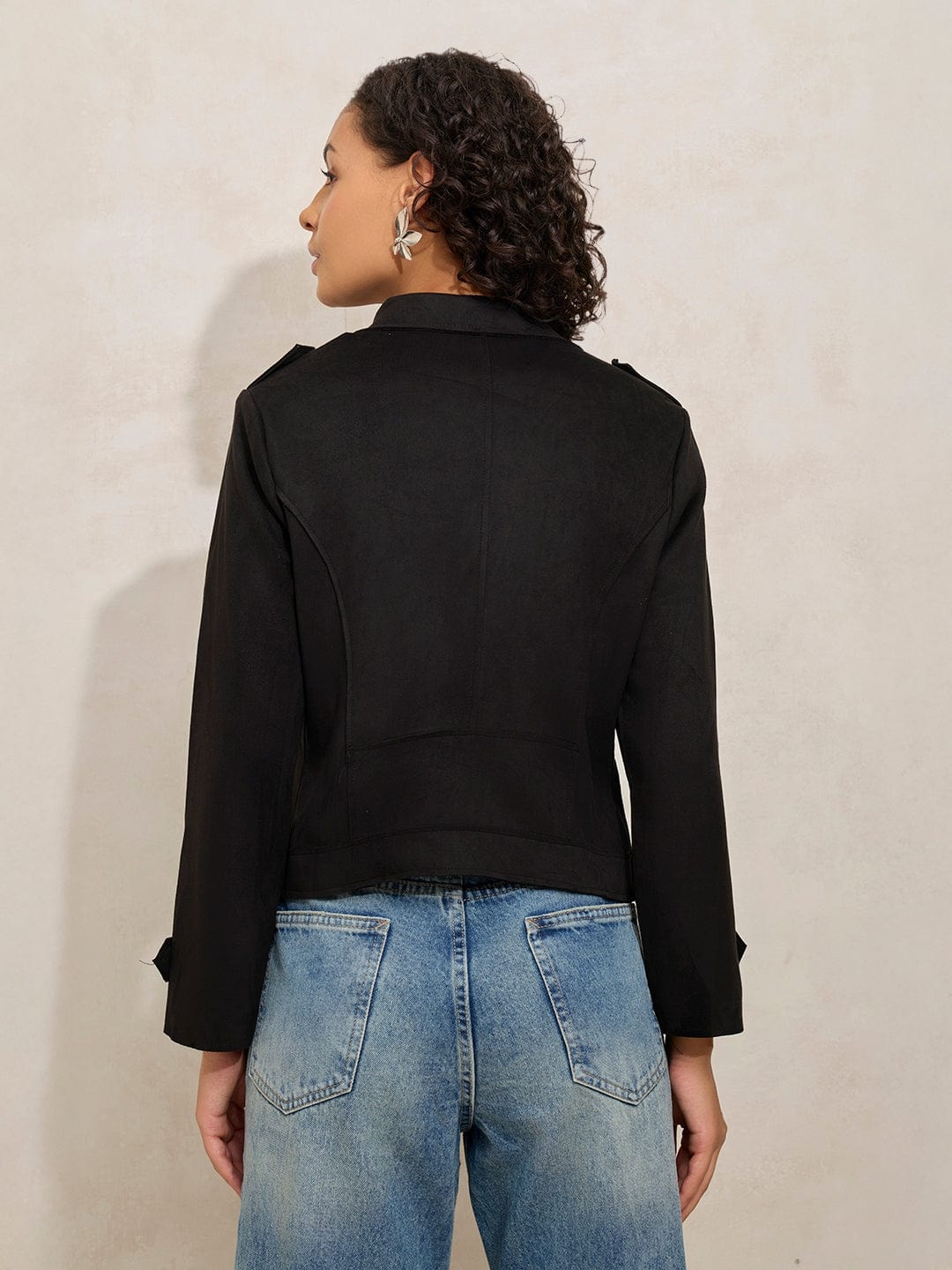 Women's Black Asymmetric Zipper Short Jacket