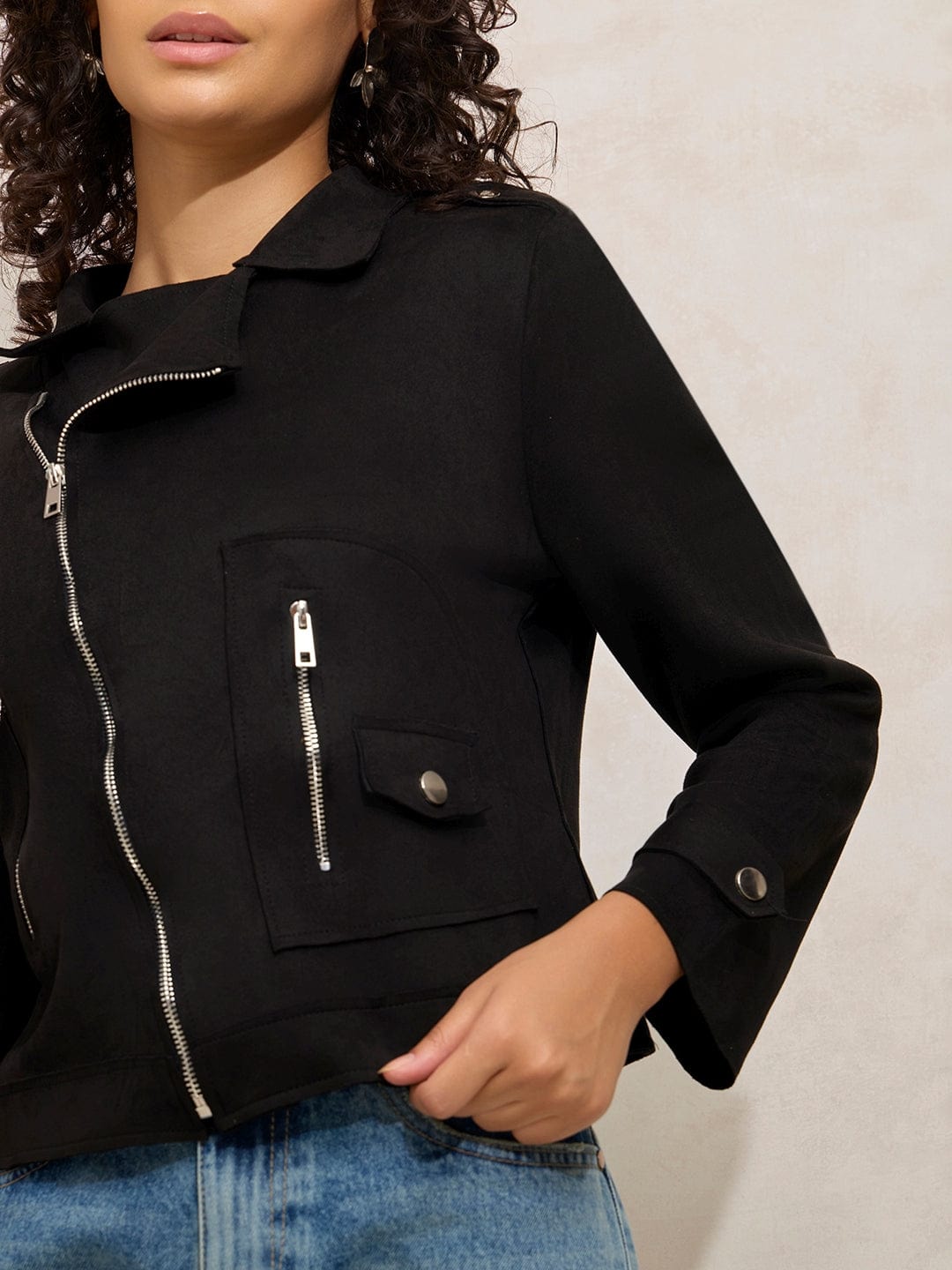 Women's Black Asymmetric Zipper Short Jacket