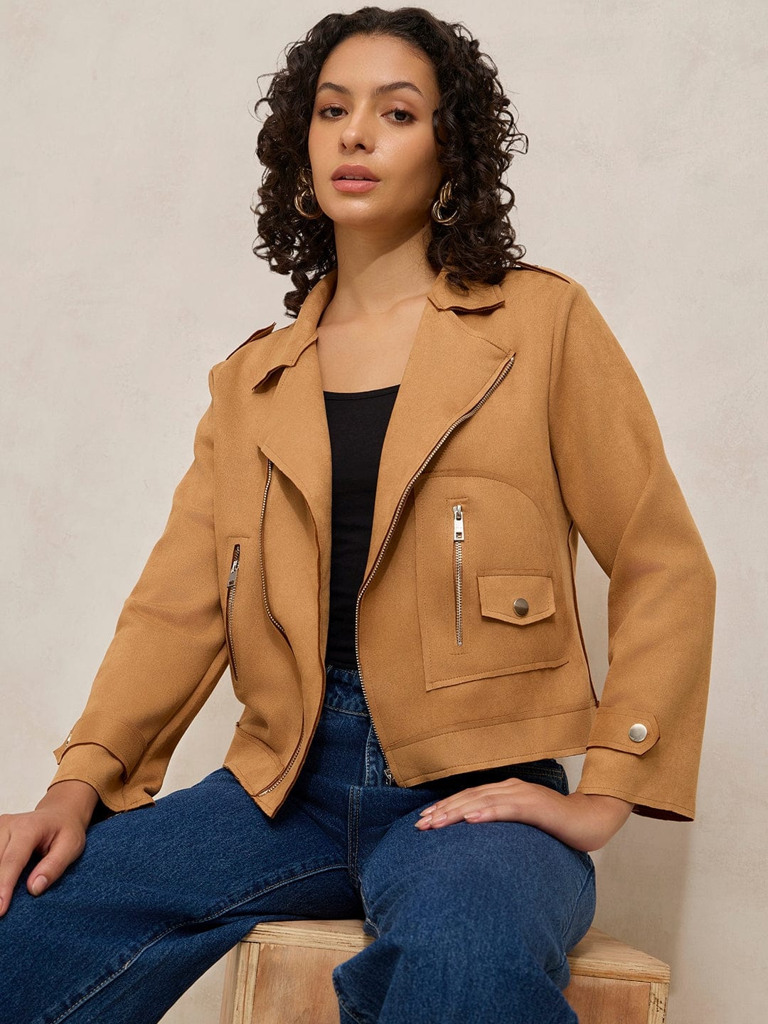 Women's Brown Asymmetric Zipper Short Jacket