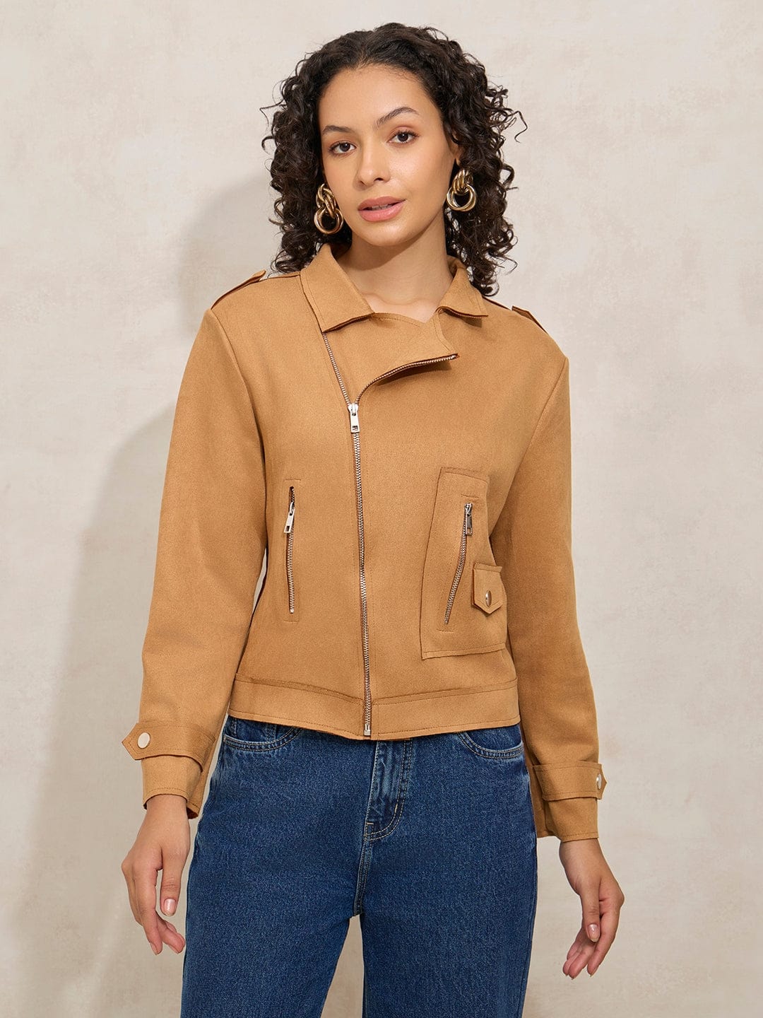 Women's Brown Asymmetric Zipper Short Jacket