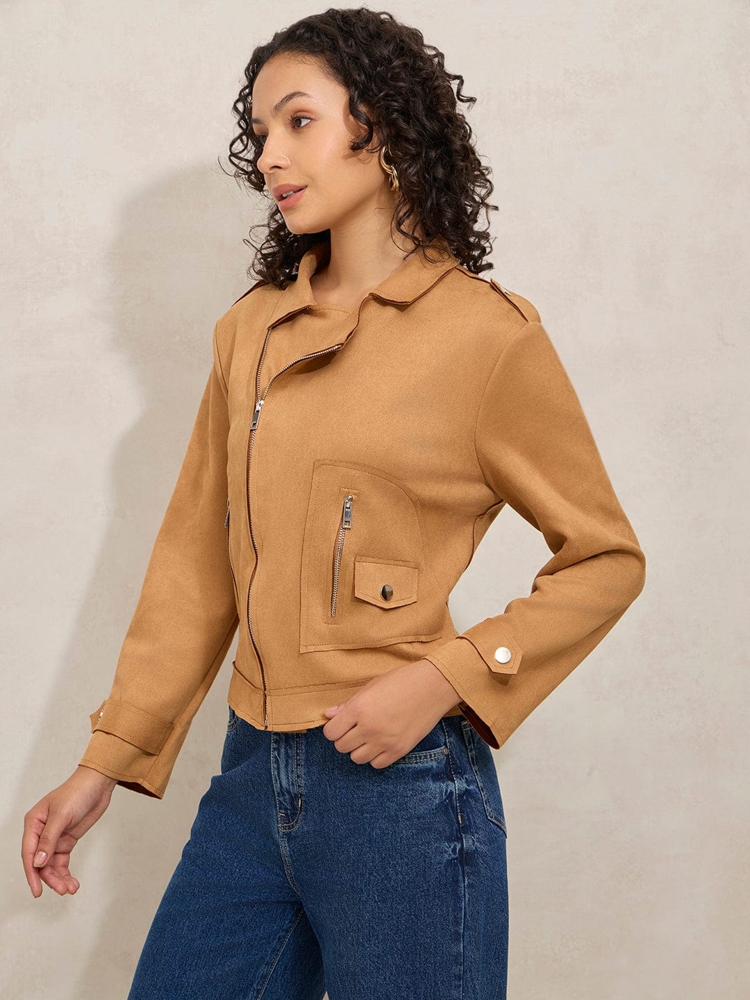 Women's Brown Asymmetric Zipper Short Jacket