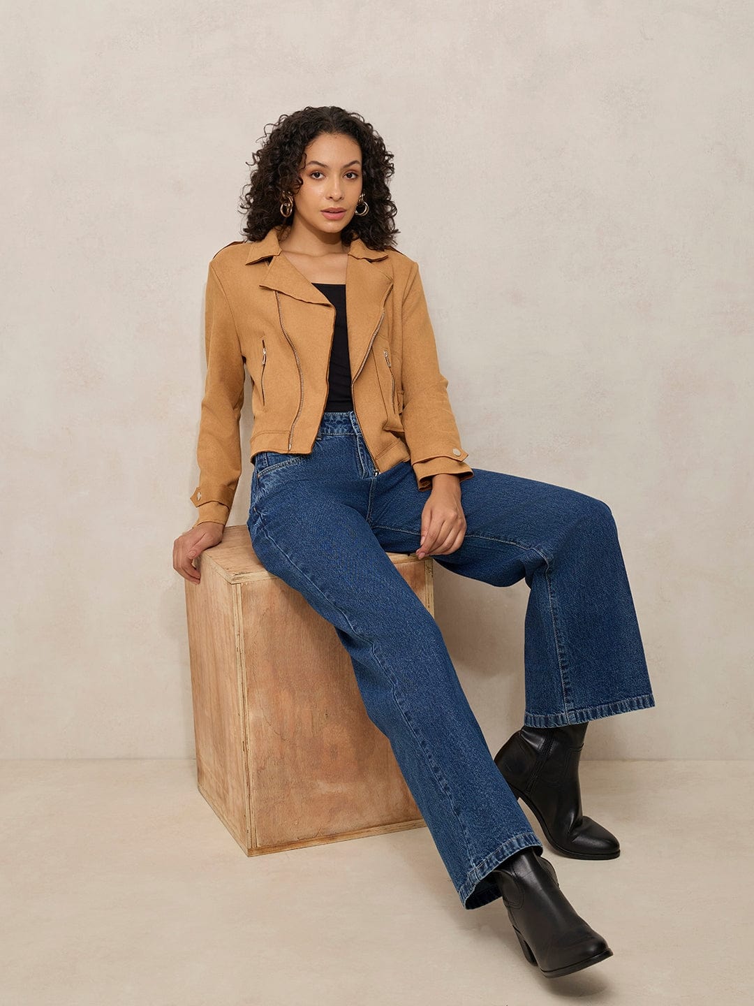 Women's Brown Asymmetric Zipper Short Jacket