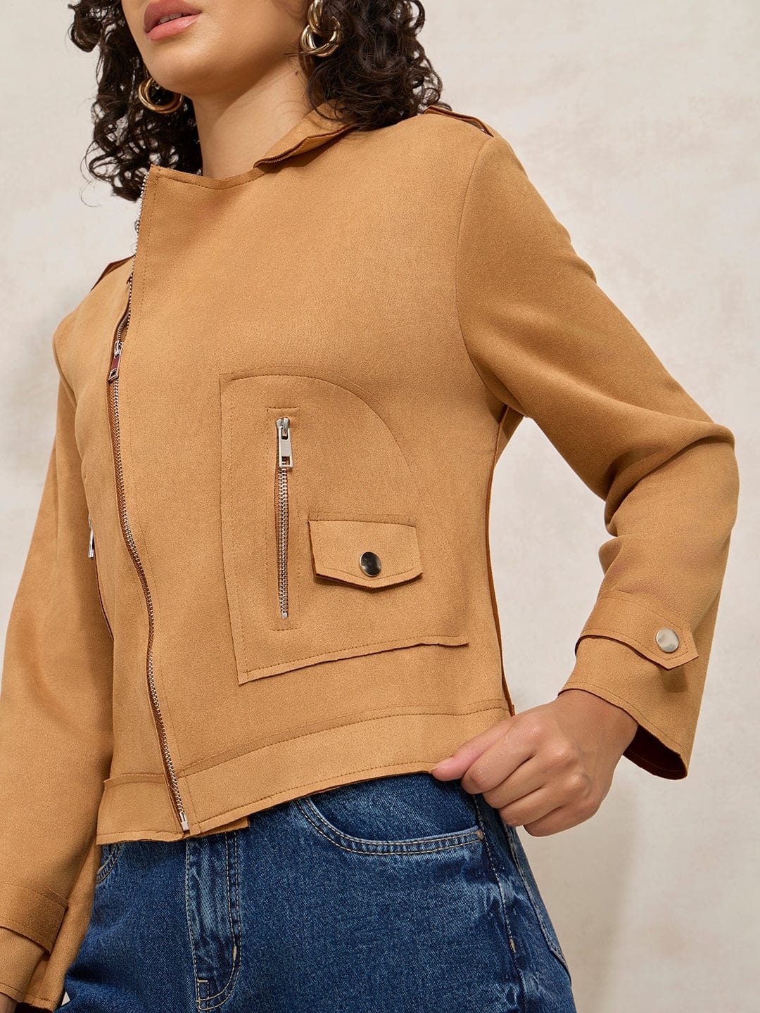 Women's Brown Asymmetric Zipper Short Jacket