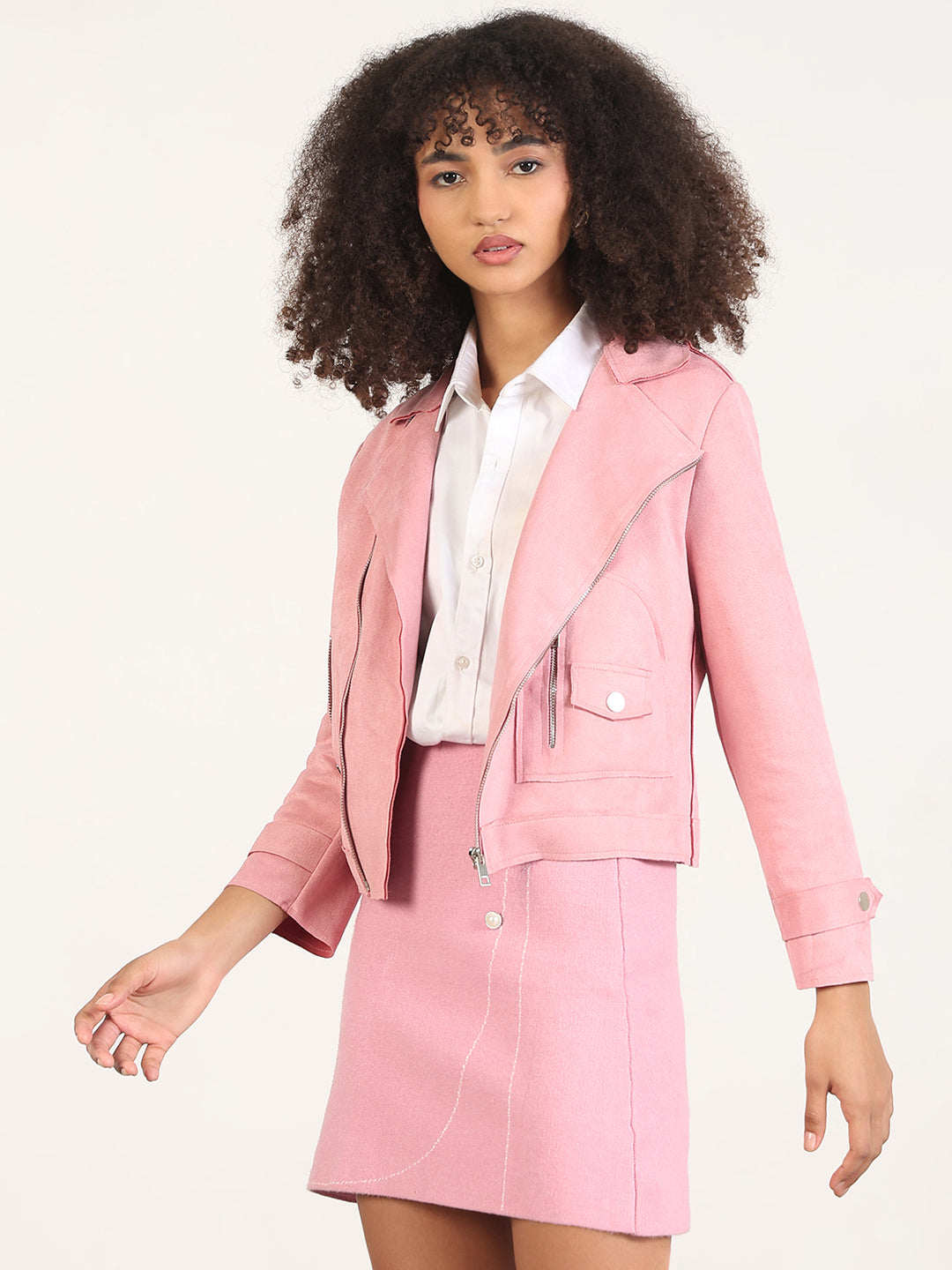 Women's Solid Pink Lapel Collar Crop Jacket