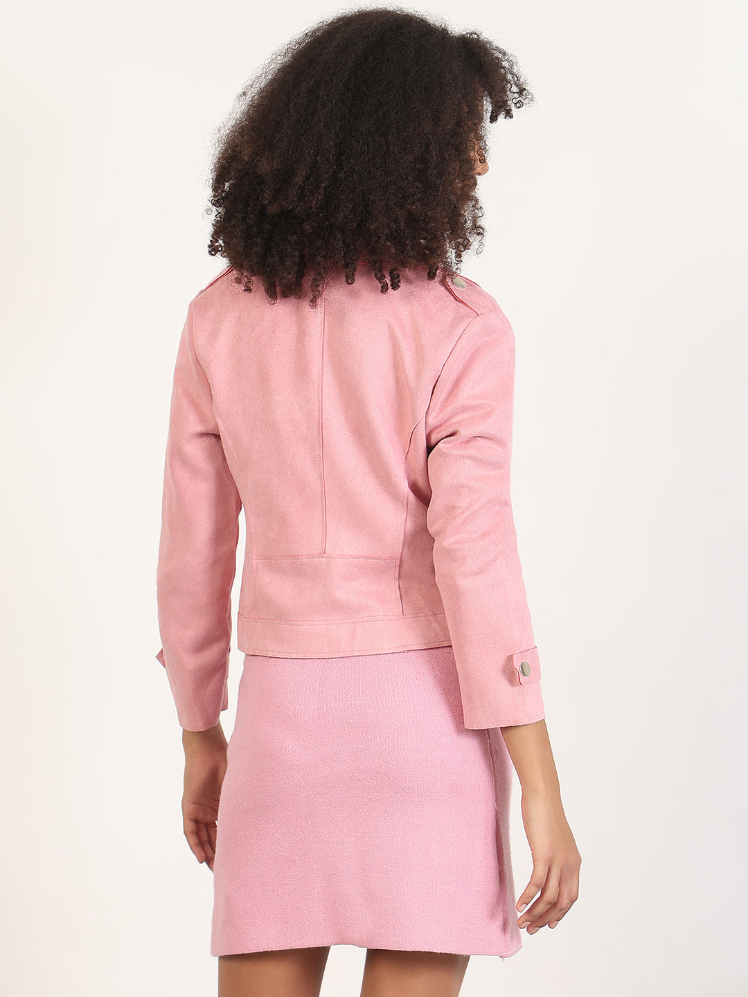 Women's Solid Pink Lapel Collar Crop Jacket