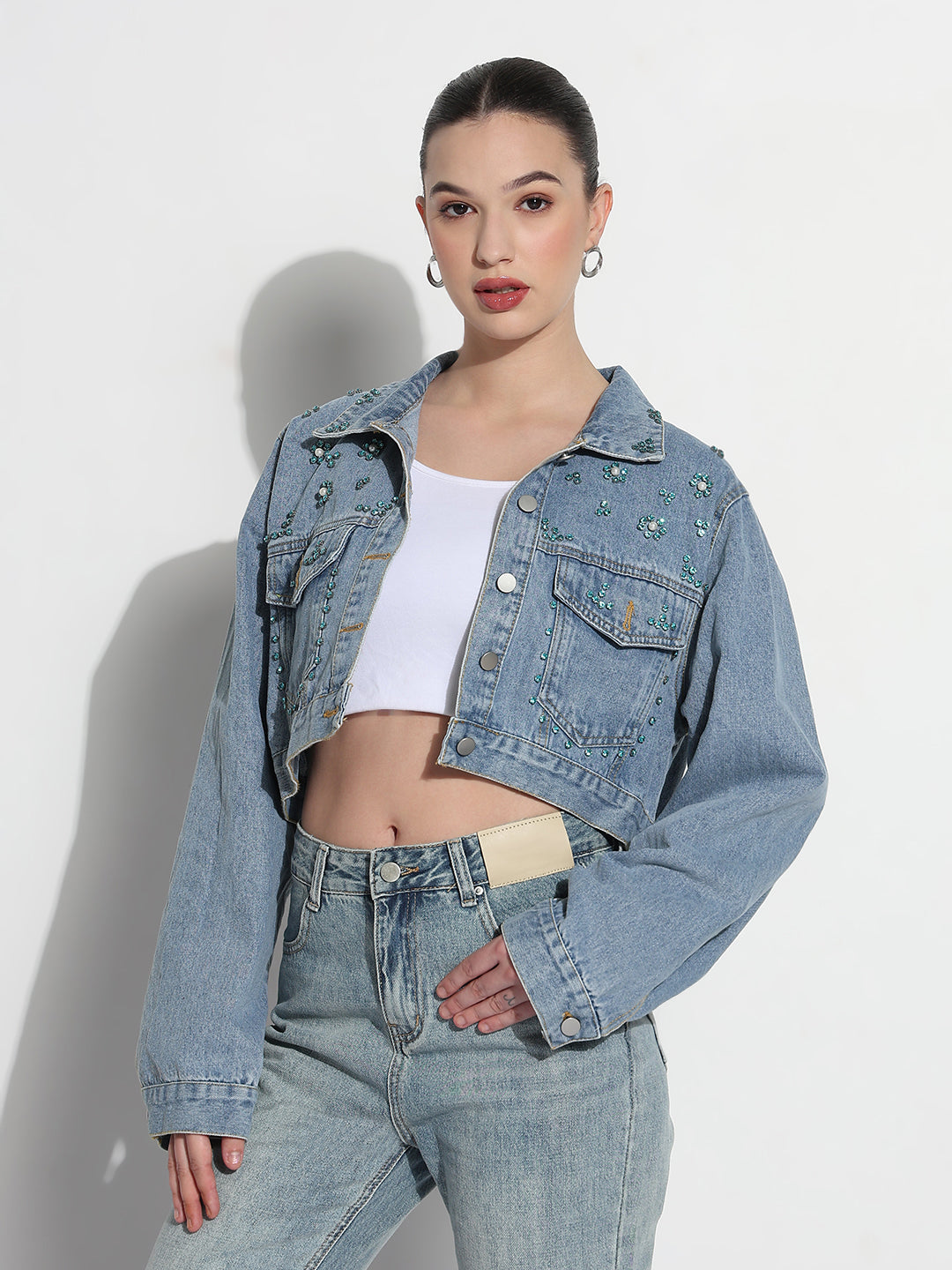 Women's Embellished Blue Spread Collar Relaxed Fit Crop Denim Jacket