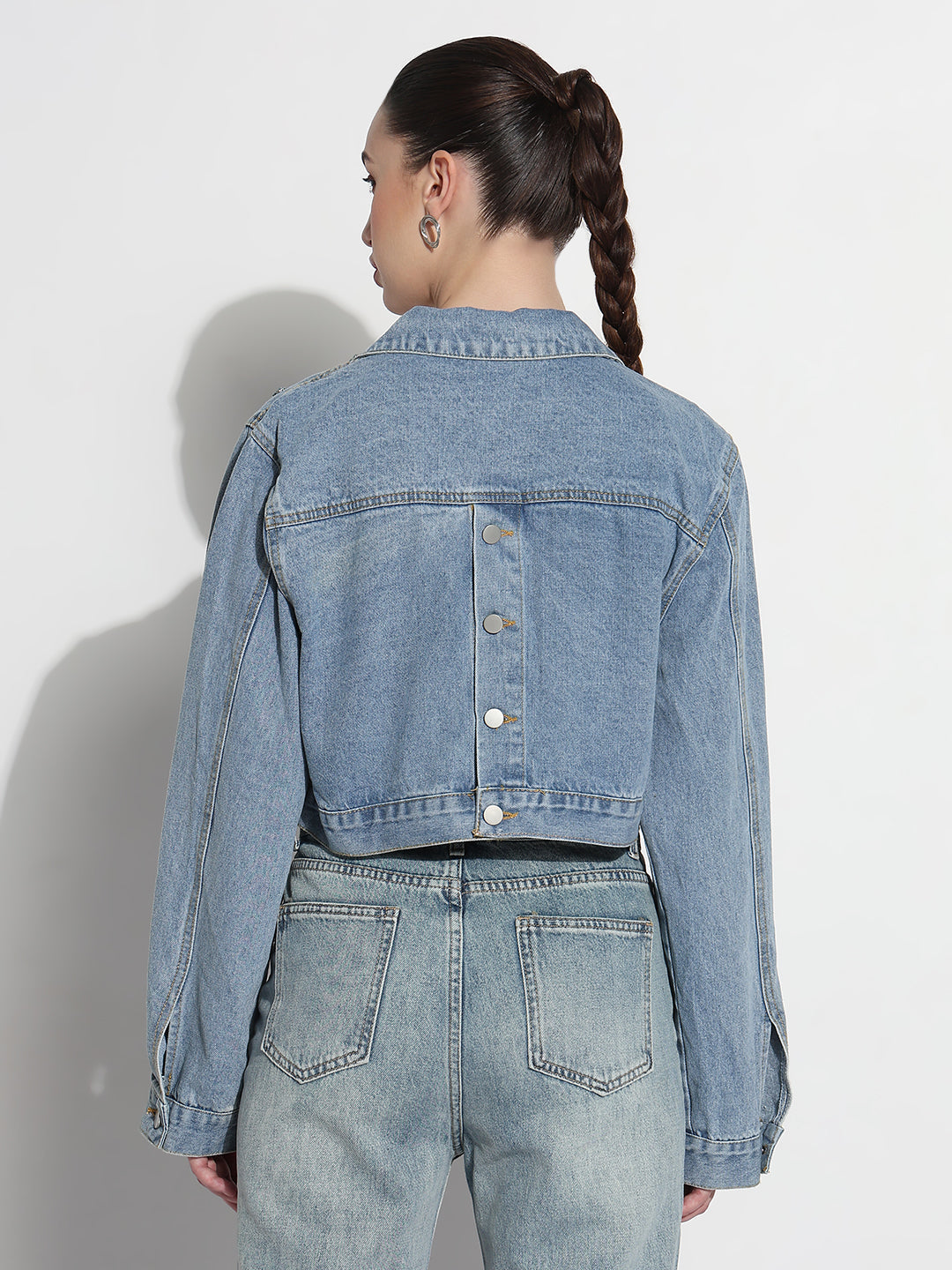 Women's Embellished Blue Spread Collar Relaxed Fit Crop Denim Jacket