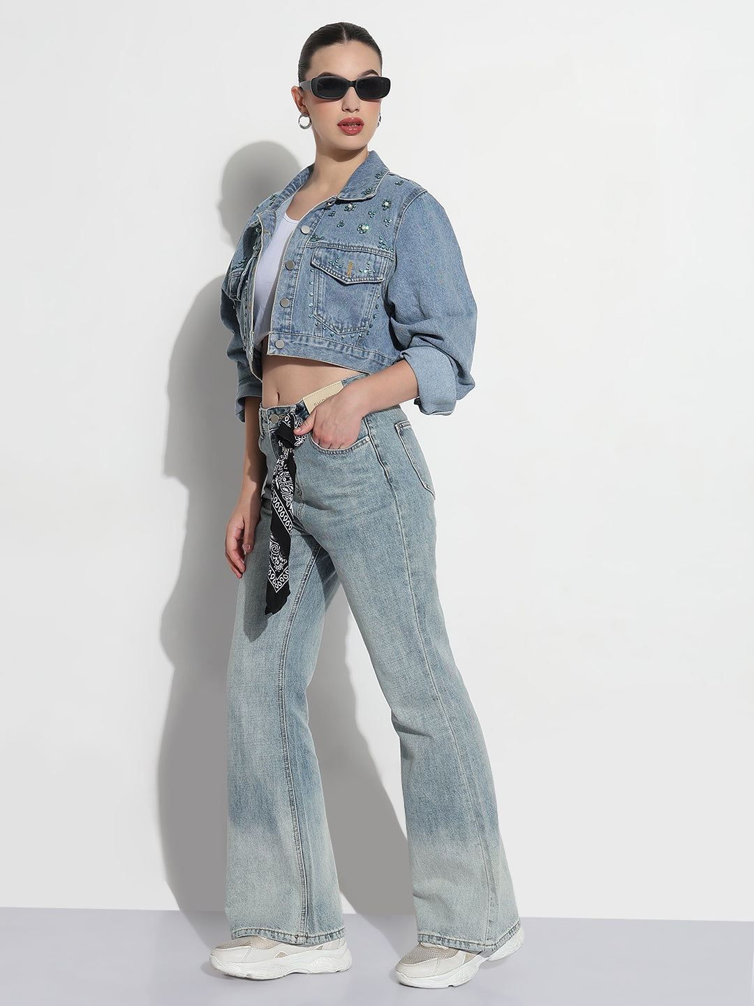 Women's Embellished Blue Spread Collar Relaxed Fit Crop Denim Jacket