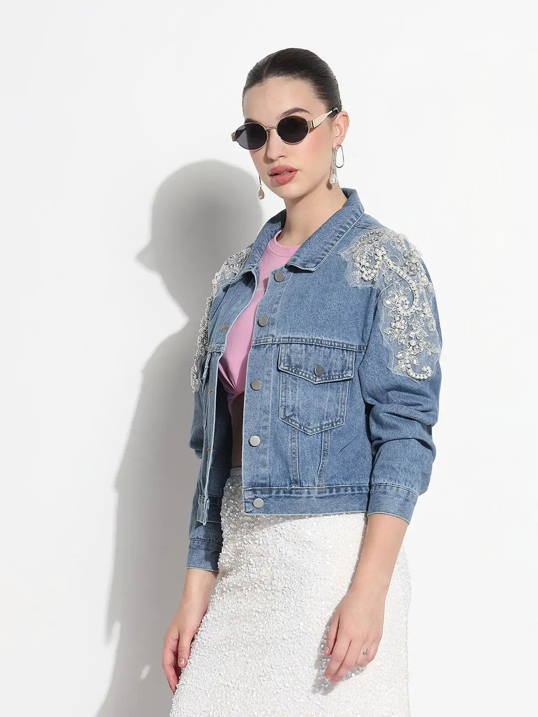 Women's Blue Spread Collar Relaxed Fit Denim Jacket with Shoulder Embellishments - from SHOWOFFFF