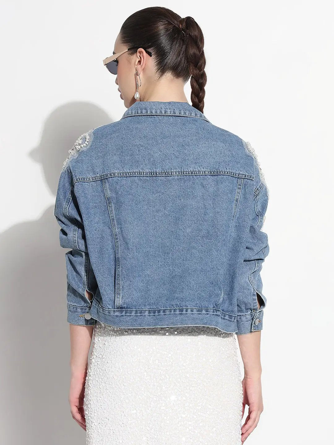 Women's Blue Spread Collar Relaxed Fit Denim Jacket with Shoulder Embellishments - from SHOWOFFFF