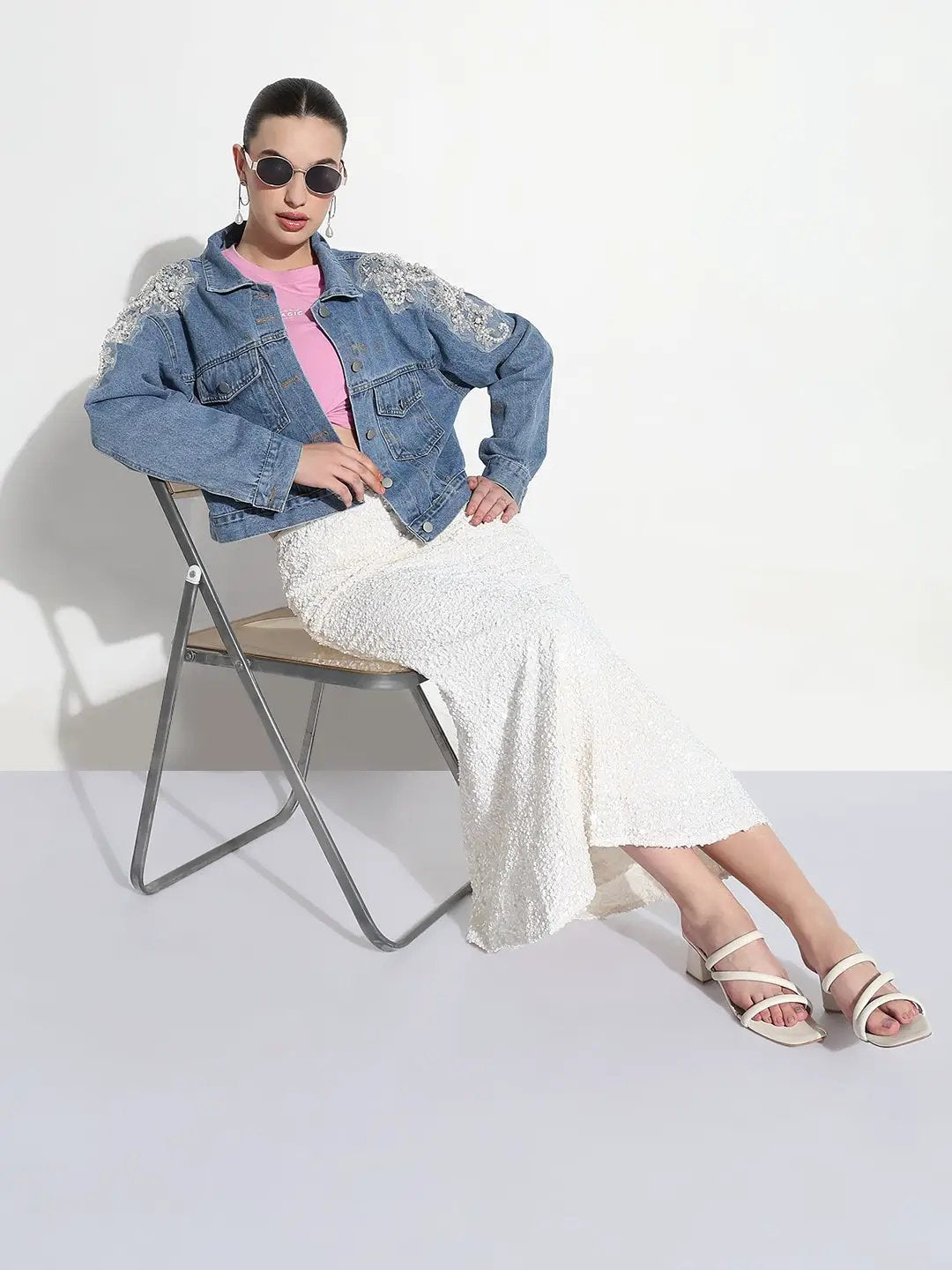 Women's Blue Spread Collar Relaxed Fit Denim Jacket with Shoulder Embellishments - from SHOWOFFFF
