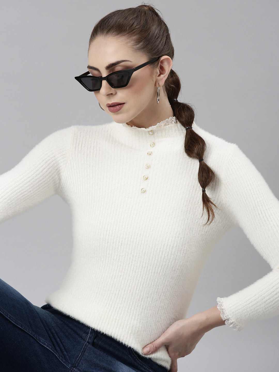 Women's Off White Solid Regular Top