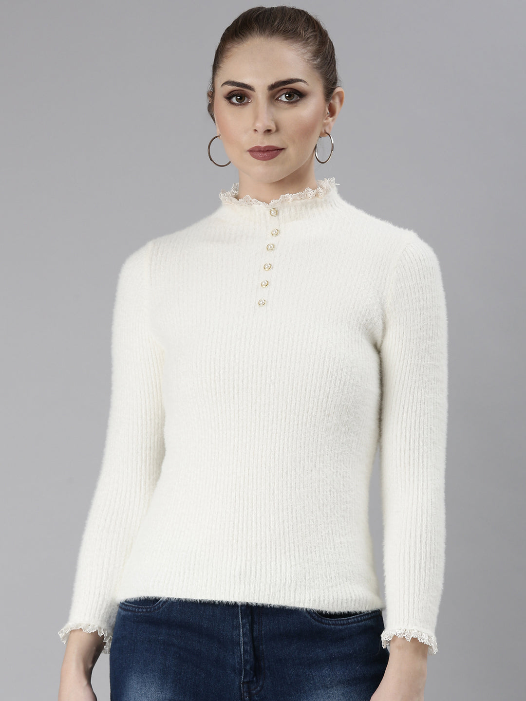 Women's Off White Solid Regular Top