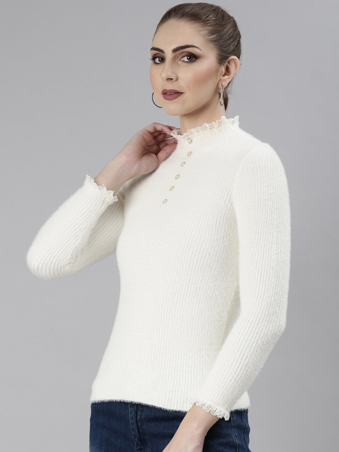 Women's Off White Solid Regular Top