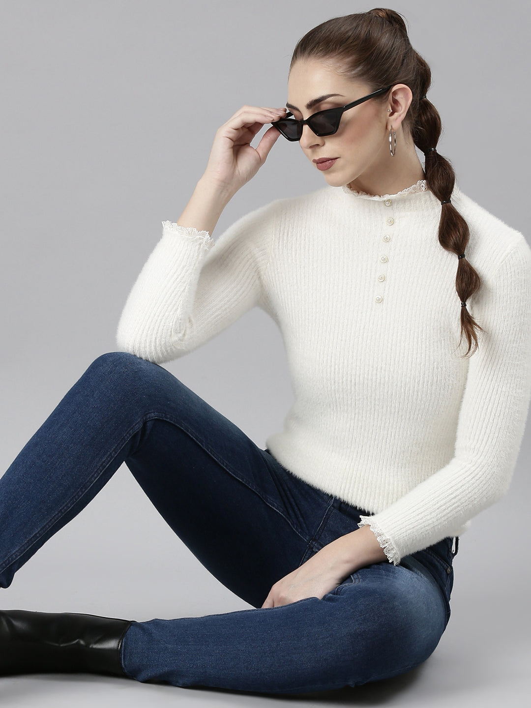 Women's Off White Solid Regular Top