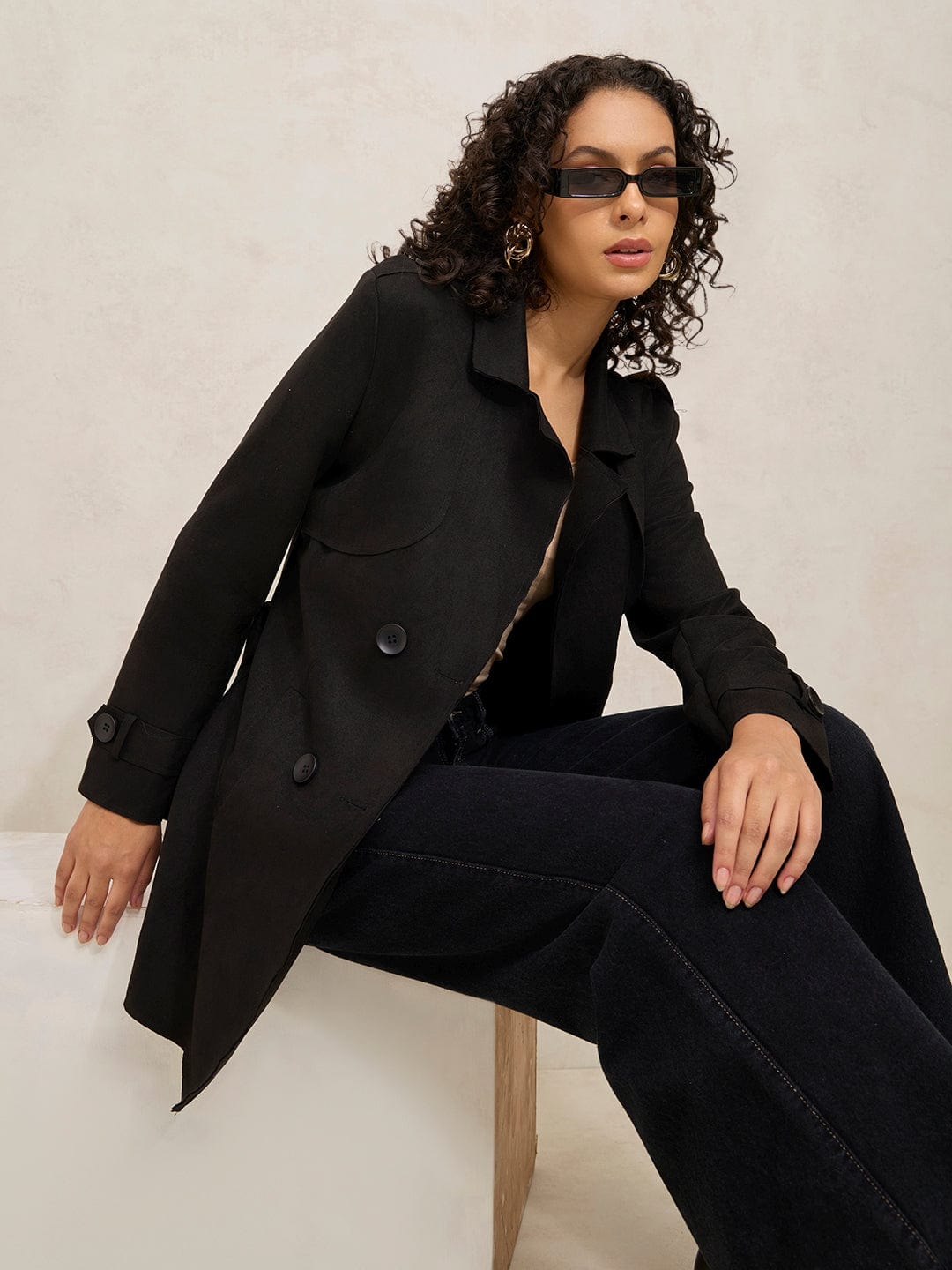 Women's Black Double Breasted Trench Coat with Belt