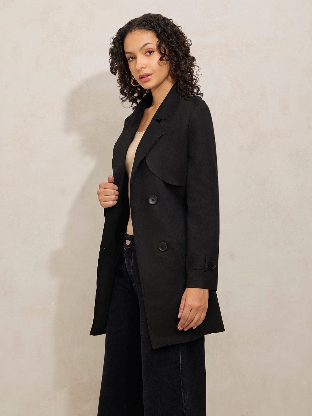 Women's Black Double Breasted Trench Coat with Belt