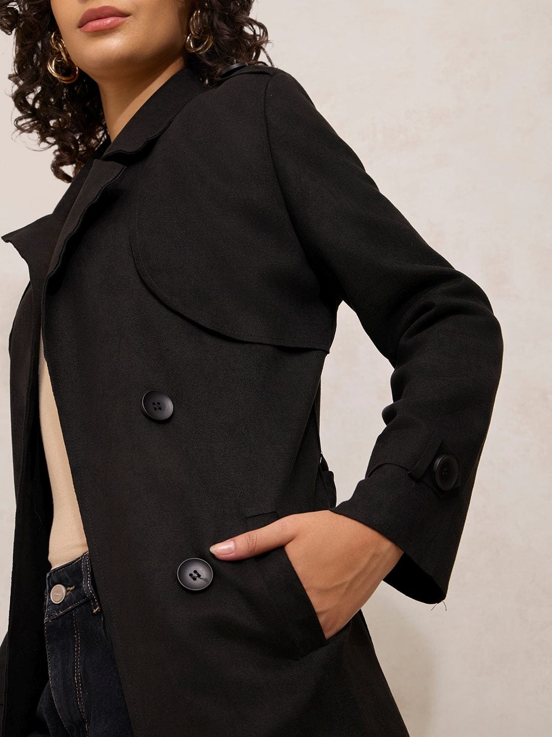 Women's Black Double Breasted Trench Coat with Belt