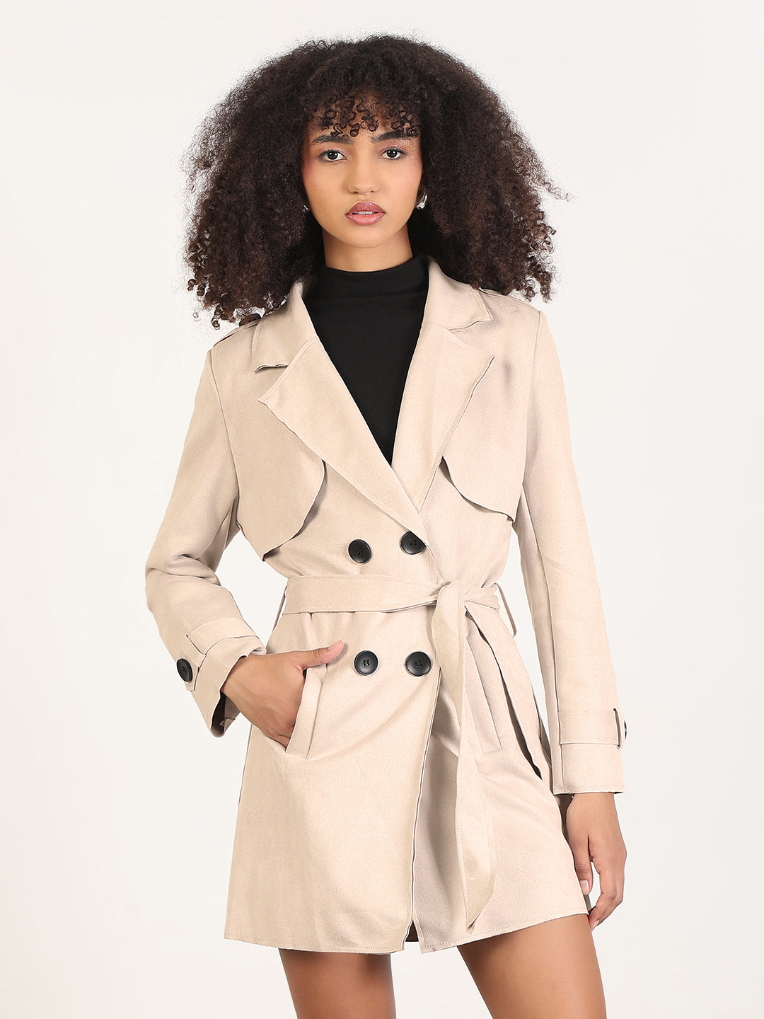 Women's Cream Double Breasted Trench Coat with Belt