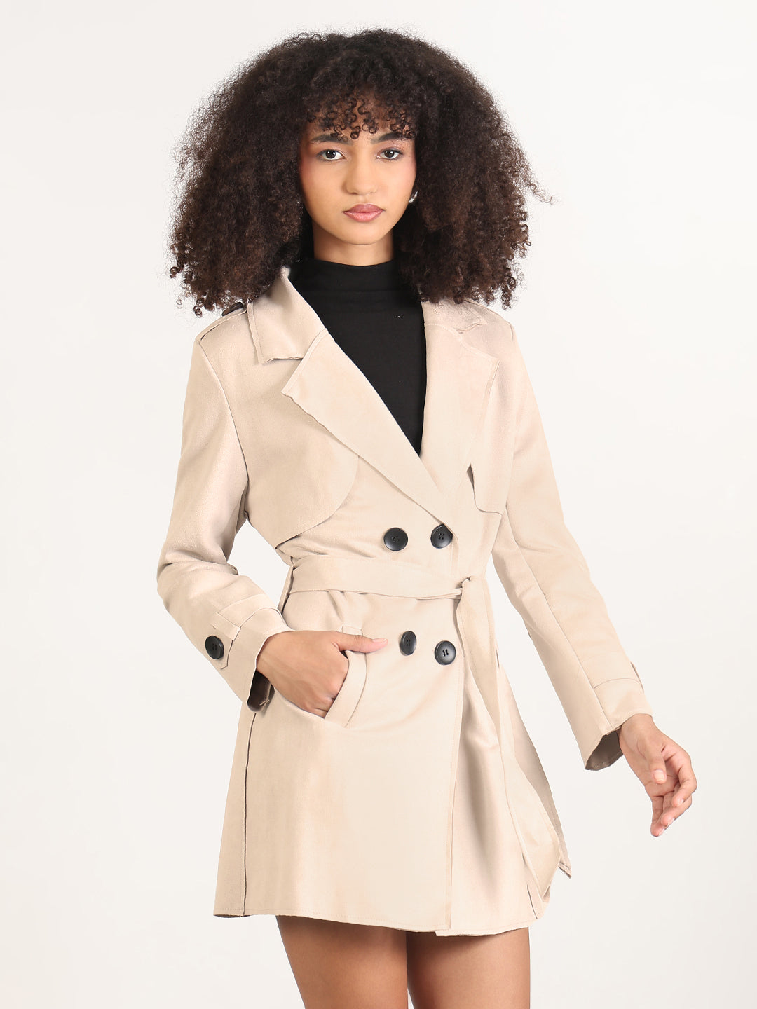 Women's Cream Double Breasted Trench Coat with Belt