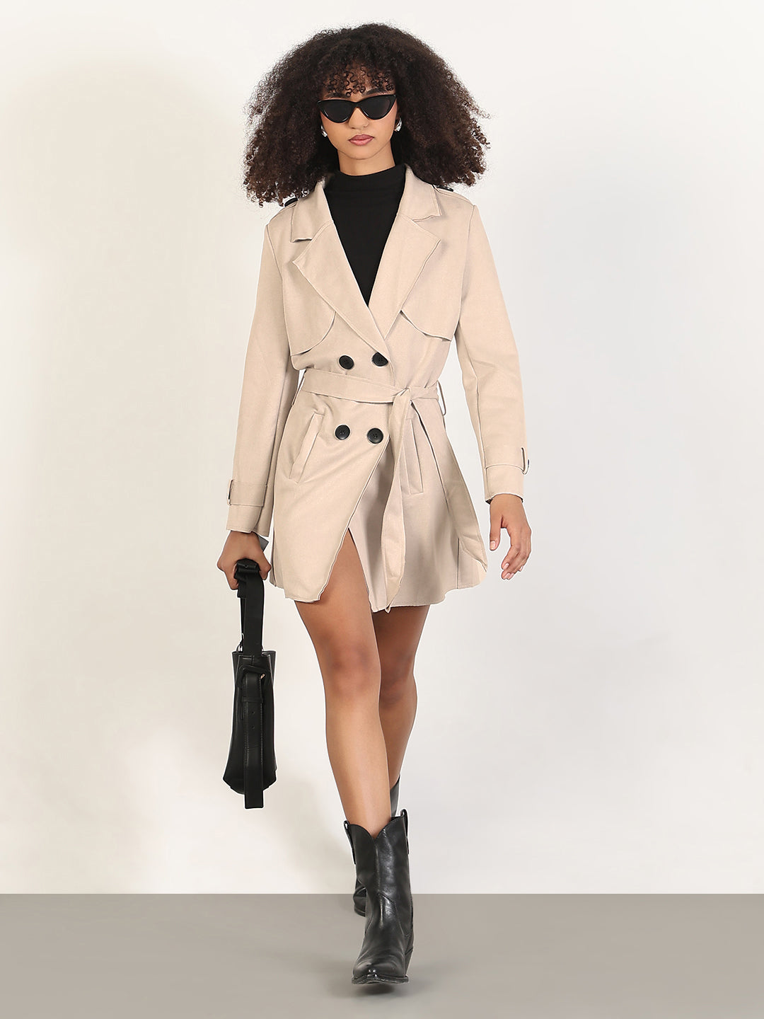 Women's Cream Double Breasted Trench Coat with Belt