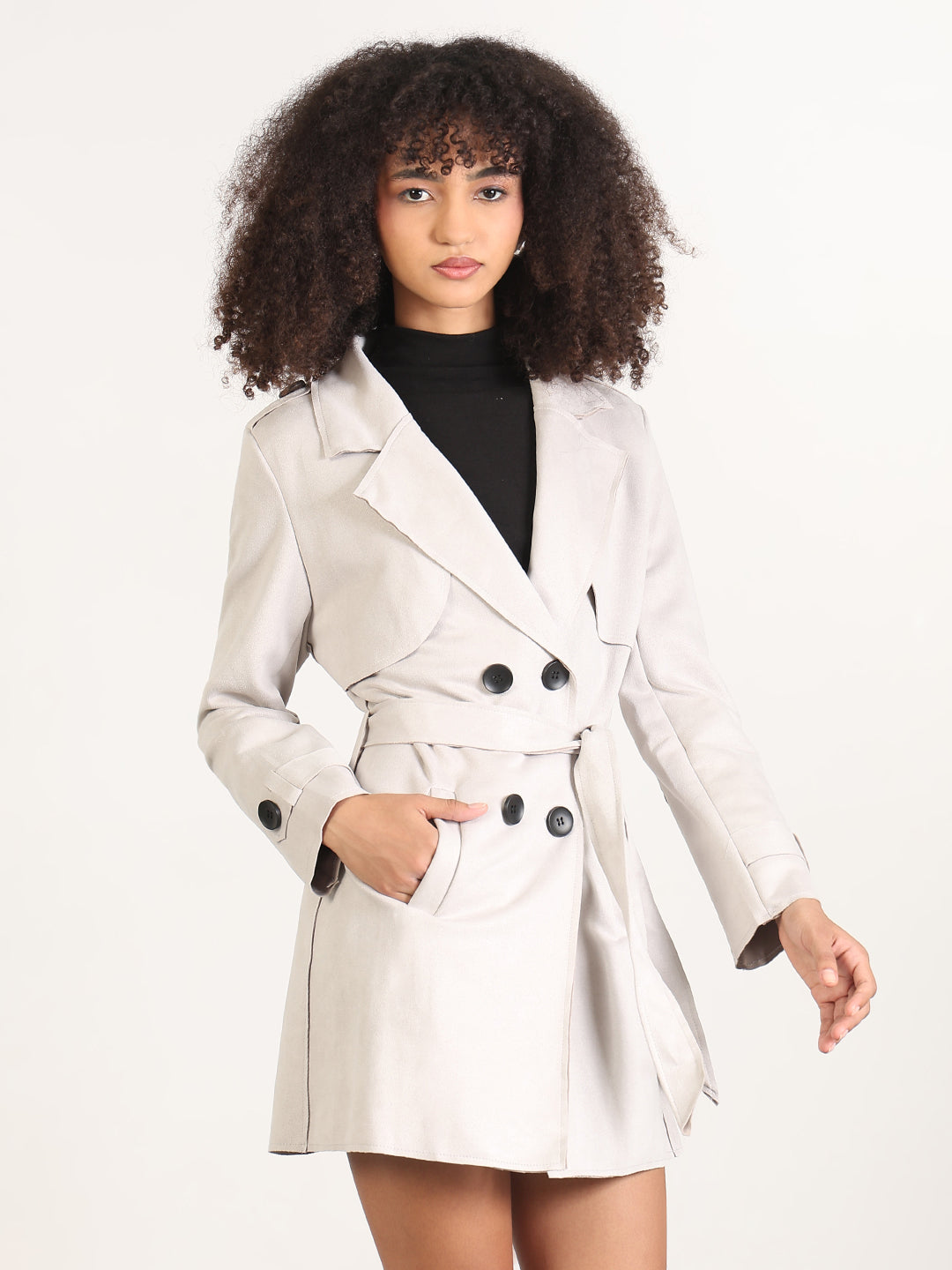 Women's Solid Grey Spread Collar Trench Coat with Fabric Belt