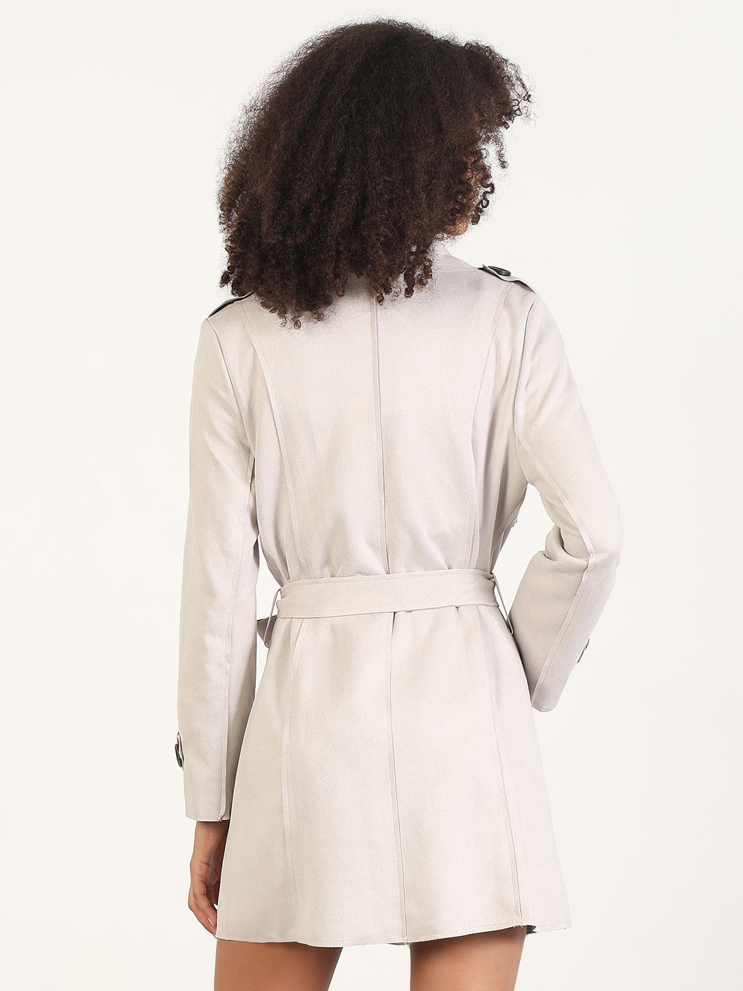 Women's Solid Grey Spread Collar Trench Coat with Fabric Belt